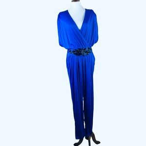 L Rothschild Vintage Jumpsuit Royal Blue Beaded Embellished Belted